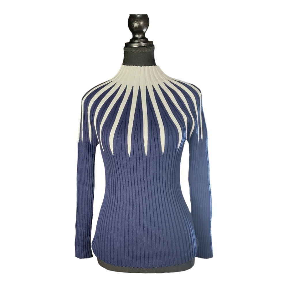 Venus Mock Blue White Mock Neck Sweater